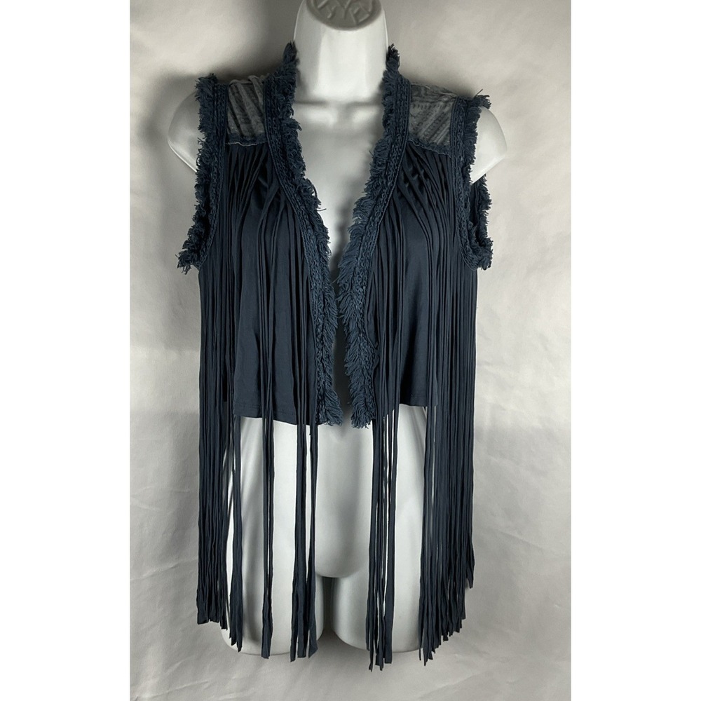 POL Women's Small Steel  Blue Frayed Fringed Vest Southwest‎ Design Shirt Top